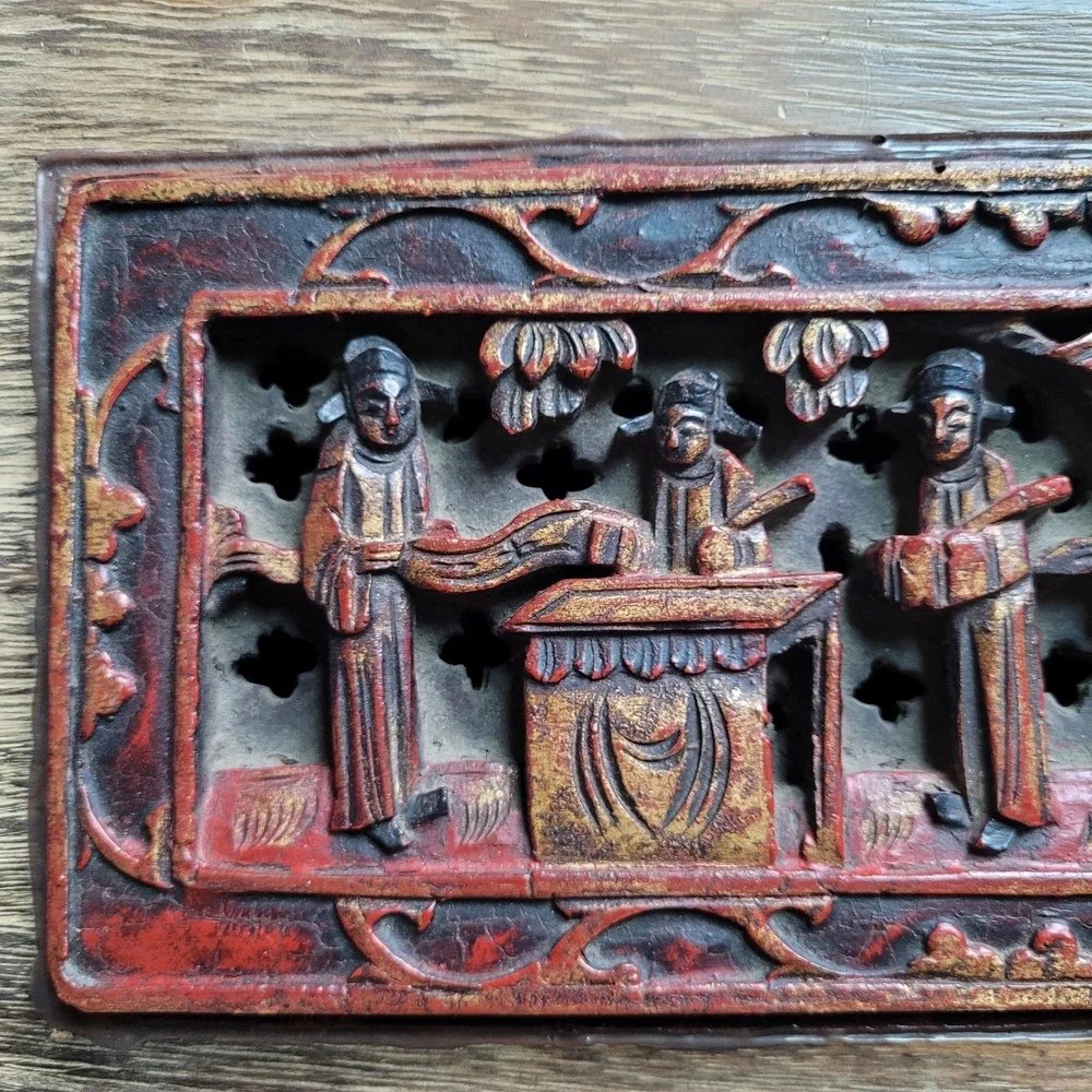 VTG‎ Hand Carved Wood Trinket Box Asian Chinoiserie Relief Scene Jewelry Chest